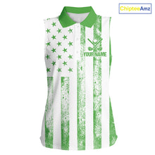 Load image into Gallery viewer, Personalized Green &amp; White American Flag Retro Women sleeveless polo shirt Patriotic laies golf top NQS10309