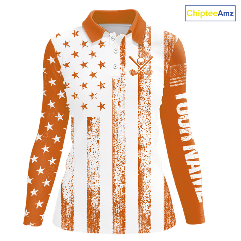 Personalized Orange White American Flag Retro Women golf polo shirt Custom Patriotic ladies golf top NQS10310