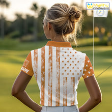 Load image into Gallery viewer, Personalized Orange White American Flag Retro Women golf polo shirt Custom Patriotic ladies golf top NQS10310