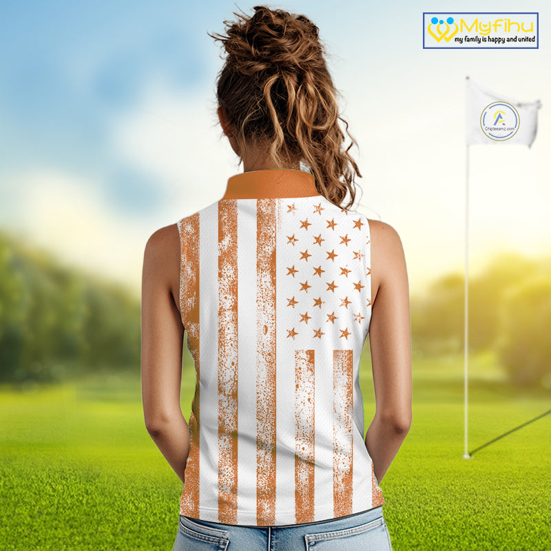 Personalized Orange & White American Flag Retro Women sleeveless polo shirt Patriotic laies golf top NQS10310