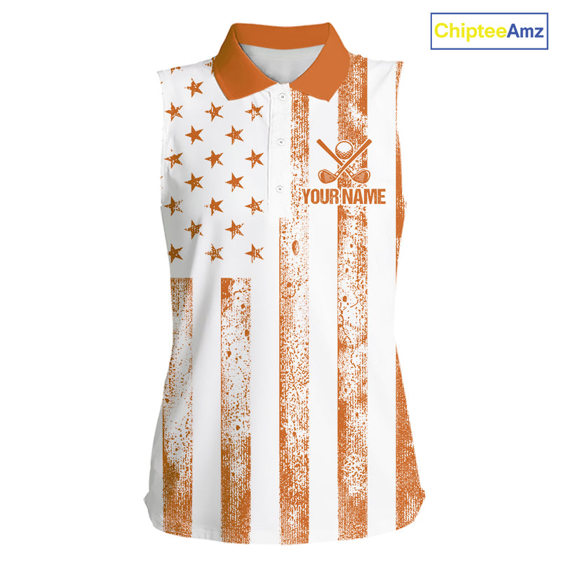 Personalized Orange & White American Flag Retro Women sleeveless polo shirt Patriotic laies golf top NQS10310