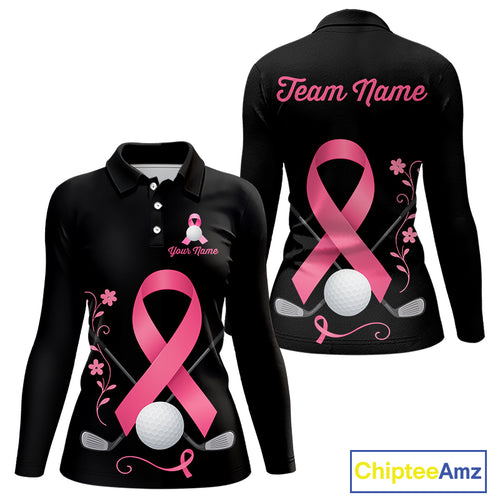 Pink ribbon golf ball clubs Black Women polo golf shirts Custom Breast cancer team golf jerseys NQS10507