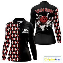 Load image into Gallery viewer, Black and Red Argyle Pattern Retro Women Bowling Polo, Quarter Zip Shirt Custom Team Bowling Outfit NQS10510
