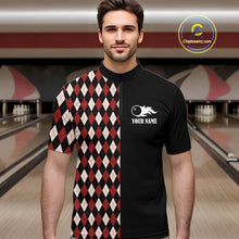 Load image into Gallery viewer, Black and Red Argyle Pattern Retro Bowling Polo, Quarter Zip Shirt for Men Custom Team Bowling Outfit NQS10510