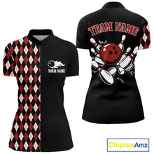Load image into Gallery viewer, Black and Red Argyle Pattern Retro Women Bowling Polo, Quarter Zip Shirt Custom Team Bowling Outfit NQS10510