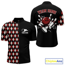 Load image into Gallery viewer, Black and Red Argyle Pattern Retro Bowling Polo, Quarter Zip Shirt for Men Custom Team Bowling Outfit NQS10510