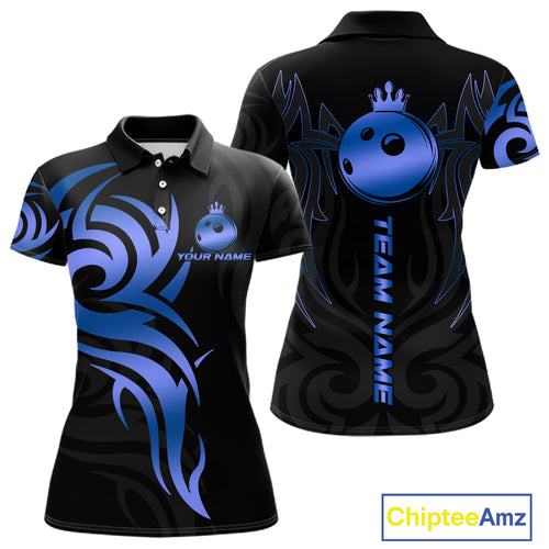 Black and Blue crown Bowling ball Polo, Quarter Zip Shirts for Women Custom Bowling Team jerseys NQS10730