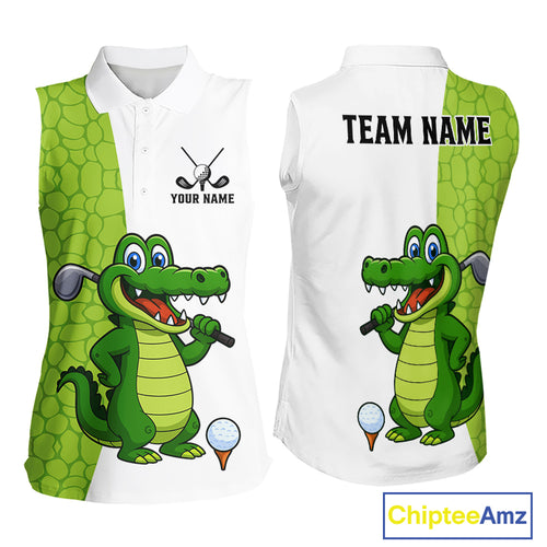 Green & White Funny Alligator Women Sleeveless Polo Shirt Custom ladies's golf apparel golf gifts NQS10738