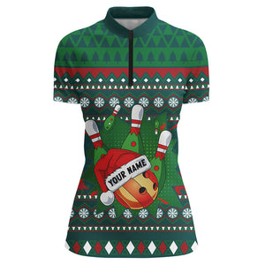 Green Christmas pattern Bowling Polo, Quarter Zip Shirt For Women Custom Christmas Bowling Team Jersey NQS8788