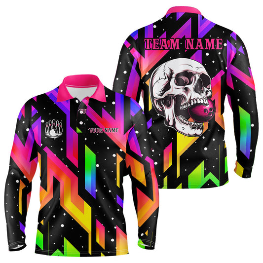 Colorful Black Skull Bowling Polo, 1/4 zip shirts for men Custom Team Bowling Jersey, gift for bowlers NQS9021