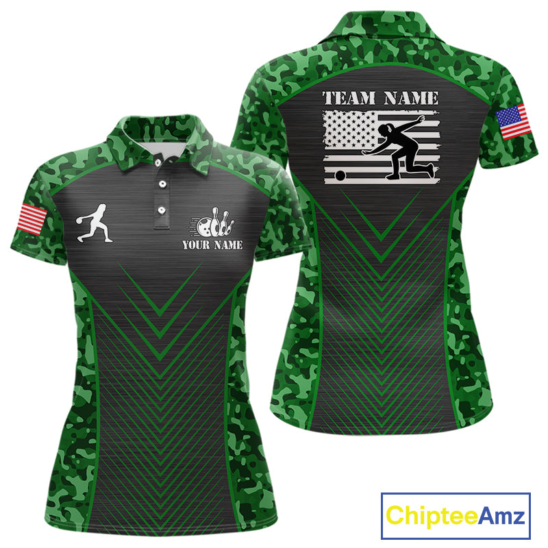 Women Bowling Polo, Quarter Zip Shirts Custom green camo American flag team bowling League Jerseys NQS11117