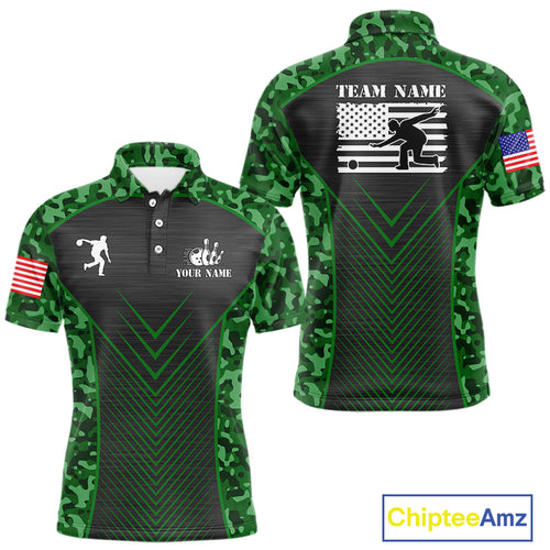 Mens Bowling Polo, Quarter Zip Shirts Custom green camo American flag team bowling League Jerseys NQS11117