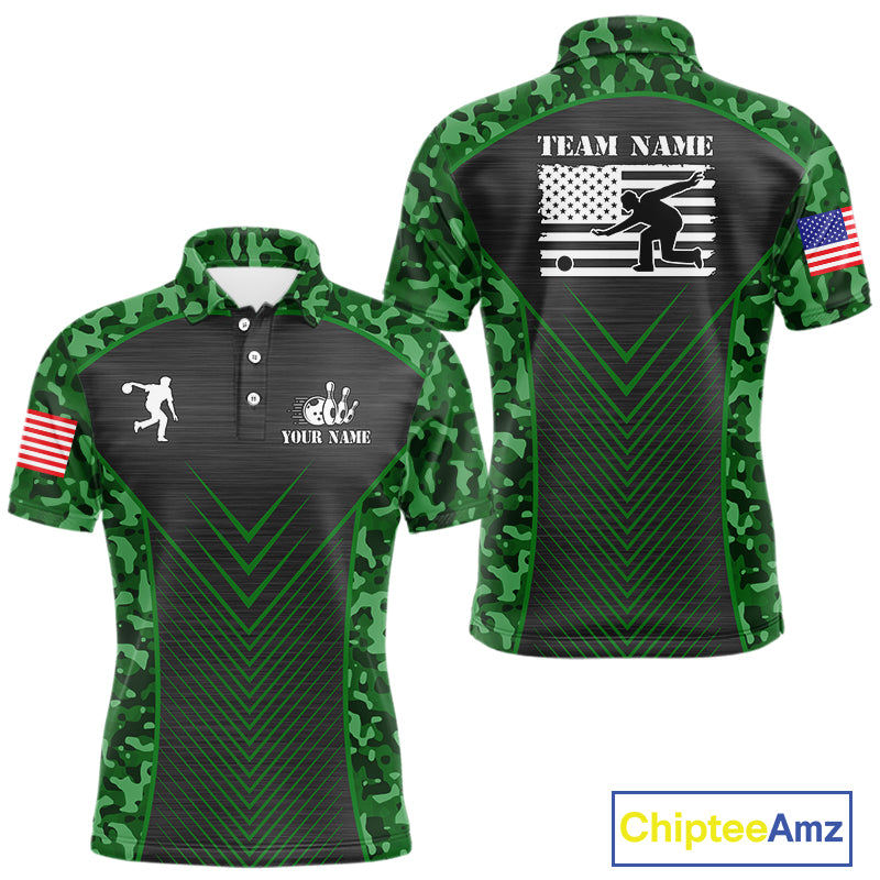 Mens Bowling Polo, Quarter Zip Shirts Custom green camo American flag team bowling League Jerseys NQS11117