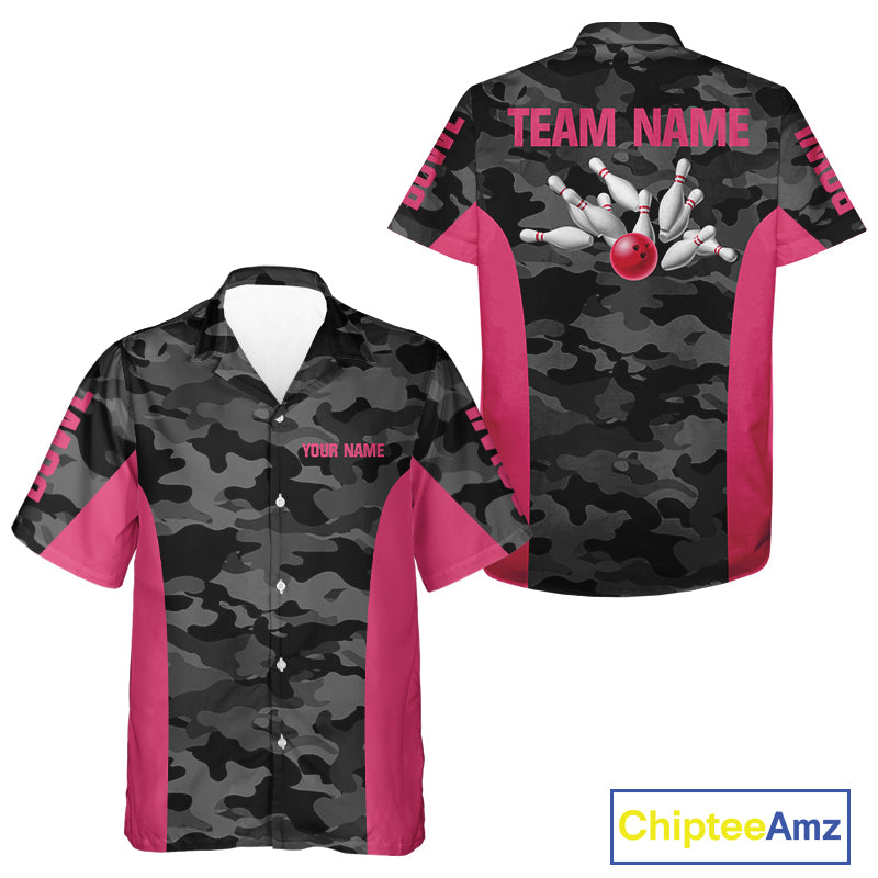 Bowling Button up Shirt Custom gray camo Hawaiian Bowling Team Jersey, Bowling League Shirt | Pink NQS11118