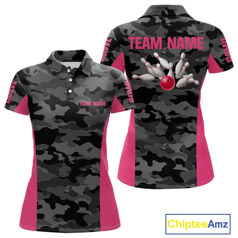 Women bowling polo, 1/4 zip shirts Custom gray camo Bowling Team Jersey, Bowling League Shirt | Pink NQS11118