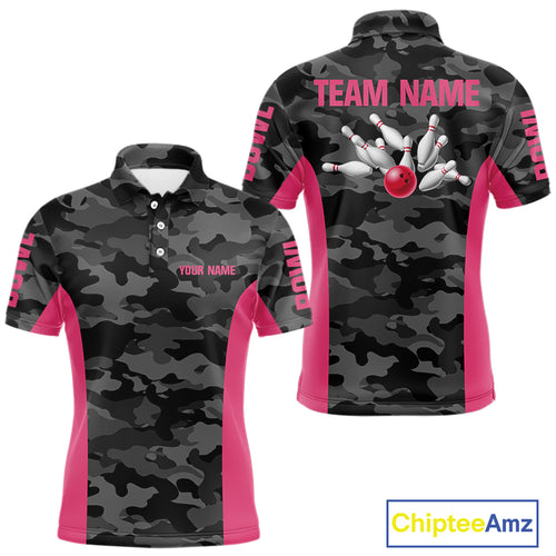 Mens bowling polo, 1/4 zip shirts Custom gray camo Bowling Team Jersey, Bowling League Shirt | Pink NQS11118