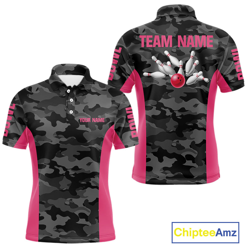 Mens bowling polo, 1/4 zip shirts Custom gray camo Bowling Team Jersey, Bowling League Shirt | Pink NQS11118