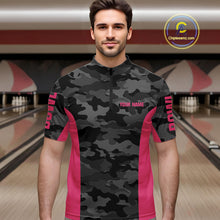 Load image into Gallery viewer, Mens bowling polo, 1/4 zip shirts Custom gray camo Bowling Team Jersey, Bowling League Shirt | Pink NQS11118