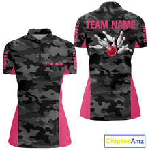 Load image into Gallery viewer, Women bowling polo, 1/4 zip shirts Custom gray camo Bowling Team Jersey, Bowling League Shirt | Pink NQS11118