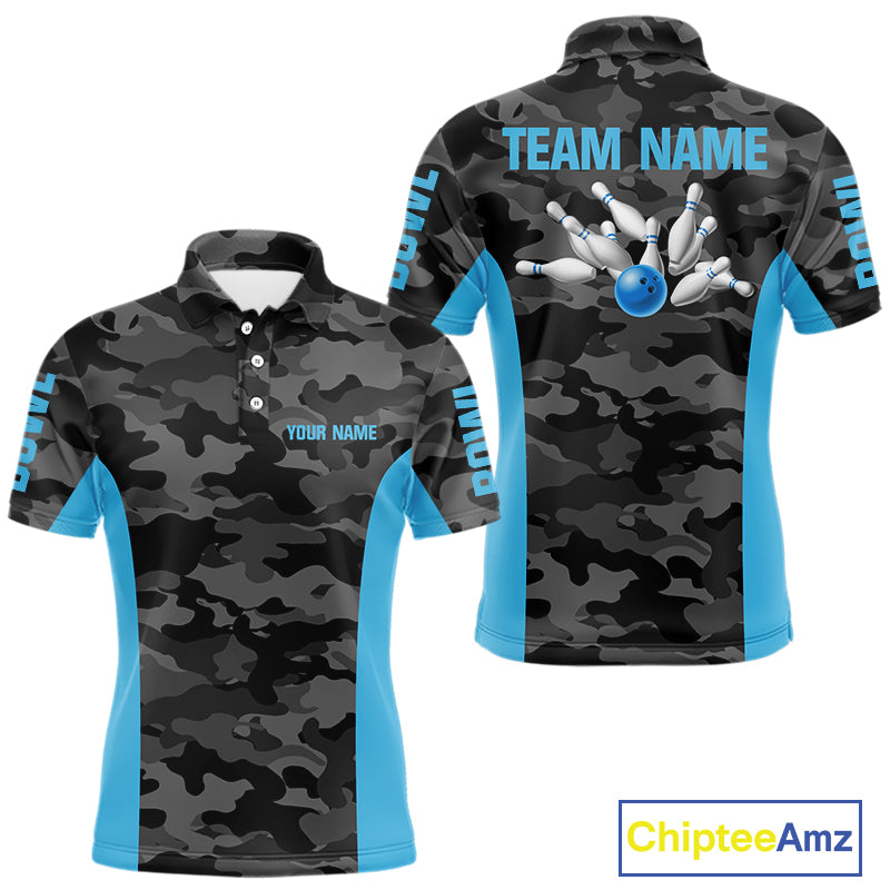Mens bowling polo, 1/4 zip shirts Custom gray camo Bowling Team Jersey, Bowling League Shirt | Blue NQS11119