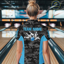Load image into Gallery viewer, Women bowling polo, 1/4 zip shirts Custom gray camo Bowling Team Jersey, Bowling League Shirt | Blue NQS11119