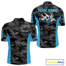 Load image into Gallery viewer, Mens bowling polo, 1/4 zip shirts Custom gray camo Bowling Team Jersey, Bowling League Shirt | Blue NQS11119