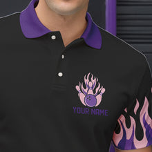 Load image into Gallery viewer, Black and Purple Flame Retro Bowling Polo, Quarter Zip Shirt for Men Custom Bowling Team Jerseys NQS9427