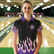Load image into Gallery viewer, Black and Purple Flame Retro Bowling Polo, Quarter Zip Shirt for Women Custom Bowling Team Jerseys NQS9427