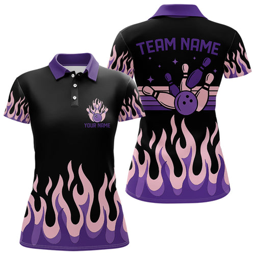 Black and Purple Flame Retro Bowling Polo, Quarter Zip Shirt for Women Custom Bowling Team Jerseys NQS9427