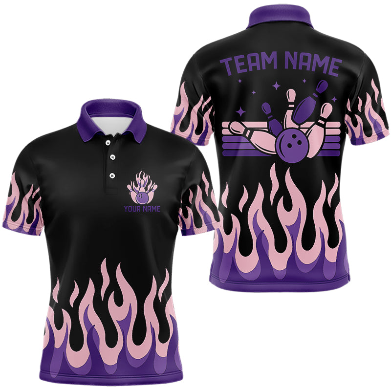 Black and Purple Flame Retro Bowling Polo, Quarter Zip Shirt for Men Custom Bowling Team Jerseys NQS9427