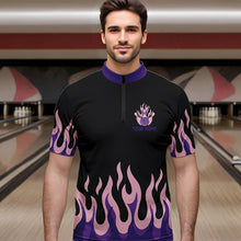 Load image into Gallery viewer, Black and Purple Flame Retro Bowling Polo, Quarter Zip Shirt for Men Custom Bowling Team Jerseys NQS9427