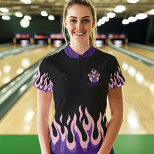 Load image into Gallery viewer, Black and Purple Flame Retro Bowling Polo, Quarter Zip Shirt for Women Custom Bowling Team Jerseys NQS9427