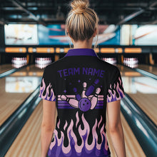 Load image into Gallery viewer, Black and Purple Flame Retro Bowling Polo, Quarter Zip Shirt for Women Custom Bowling Team Jerseys NQS9427