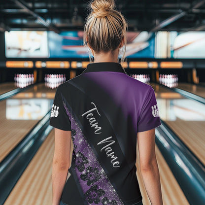 Black and Purple Glitter Flower Bowling Polo, Quarter Zip Shirt for Women Custom Bowling Team Jerseys NQS9432