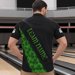 Black and Green Shamrock St Patrick Day Bowling Polo, 1/4 Zip Shirt for Men Custom Bowling Team Jersey NQS9434