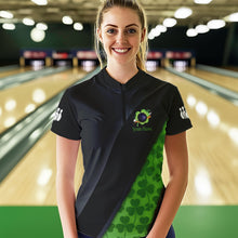 Load image into Gallery viewer, Black &amp; Green Shamrock St Patrick Day Bowling Polo, 1/4 Zip Shirt for Women Custom Bowling Team Jersey NQS9434