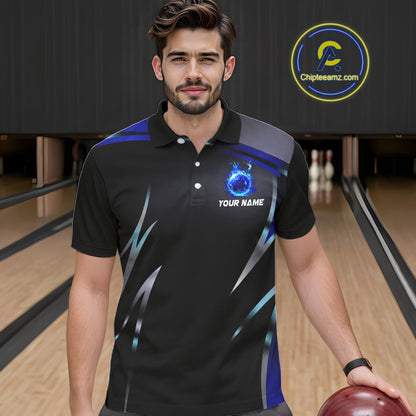 Black and blue Bowling Polo, Quarter Zip Shirts for Men Custom Team bowling shirts with flames NQS11531