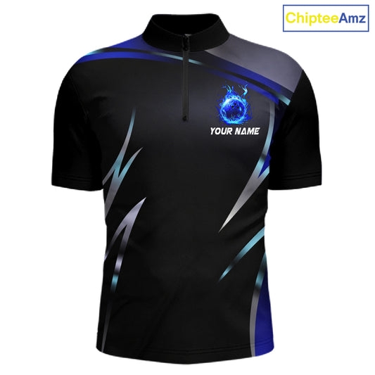 Black and blue Bowling Polo, Quarter Zip Shirts for Men Custom Team bowling shirts with flames NQS11531