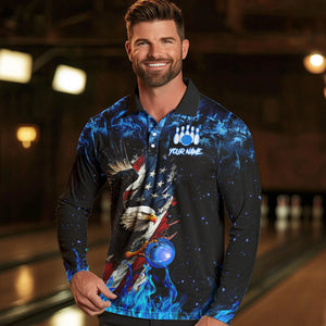 Blue Flame American Flag Eagle bowling shirts for Men Custom Bowling Team Jersey, gift for Bowler NQS9606
