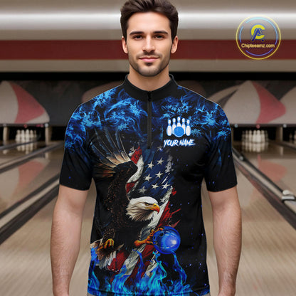 Blue Flame American Flag Eagle bowling shirts for Men Custom Bowling Team Jersey, gift for Bowler NQS9606