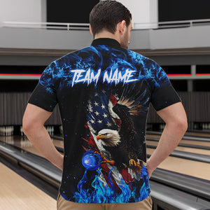 Blue Flame American Flag Eagle bowling shirts for Men Custom Bowling Team Jersey, gift for Bowler NQS9606