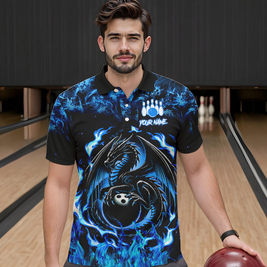 Black and Blue Flame Dragon bowling shirts for Men Custom Bowling Team Jersey, gift for Bowler NQS9607