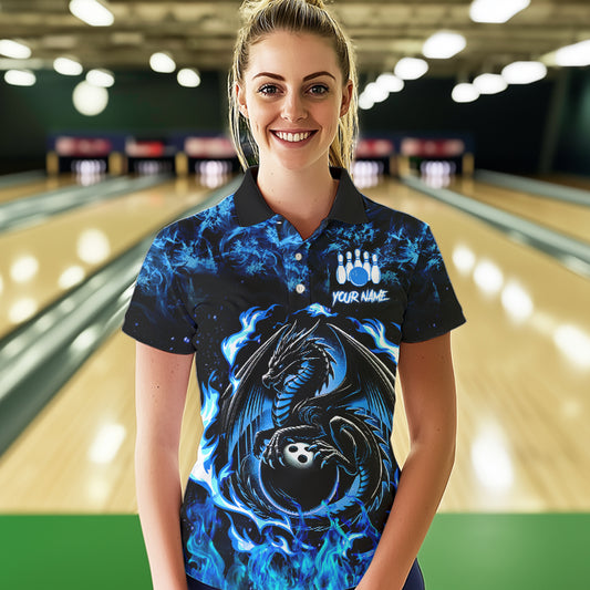 Black and Blue Flame Dragon bowling shirts for Women Custom Bowling Team Jersey, gift for Bowler NQS9607