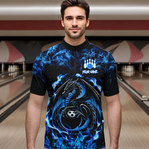 Black and Blue Flame Dragon bowling shirts for Men Custom Bowling Team Jersey, gift for Bowler NQS9607