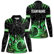 Load image into Gallery viewer, Bowling polo, quarter zip shirts for women Custom black green flame bowling shirt, Team Bowling Jersey NQS7670