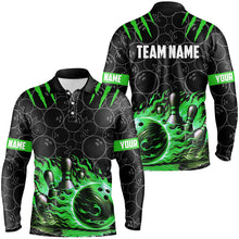 Load image into Gallery viewer, Bowling polo, quarter zip shirts for men Custom black green flame bowling shirt, Team Bowling Jerseys NQS7670