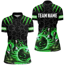 Load image into Gallery viewer, Bowling polo, quarter zip shirts for women Custom black green flame bowling shirt, Team Bowling Jersey NQS7670