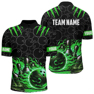 Bowling polo, quarter zip shirts for men Custom black green flame bowling shirt, Team Bowling Jerseys NQS7670