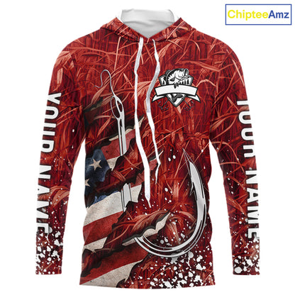 American flag fish hook red camo fishing custom sun protection performance long sleeve fishing shirt NQS10012