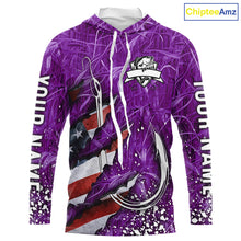 Load image into Gallery viewer, American flag fish hook purple camo custom sun protection performance long sleeve fishing shirt NQS10013